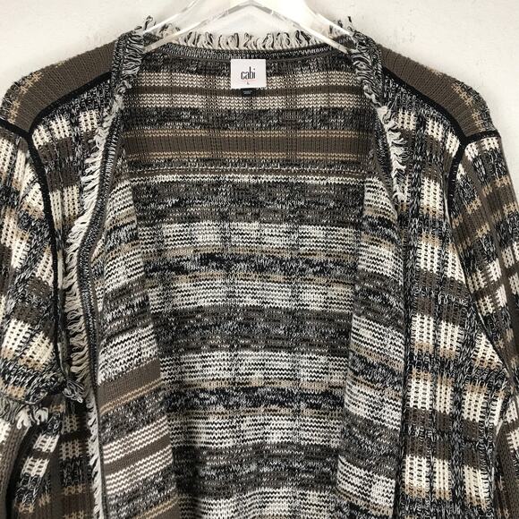 Cabi Classic Cardigan Plaid Fringe Open Front Knit Sweater Boho Brown Cotton L - Picture 4 of 13